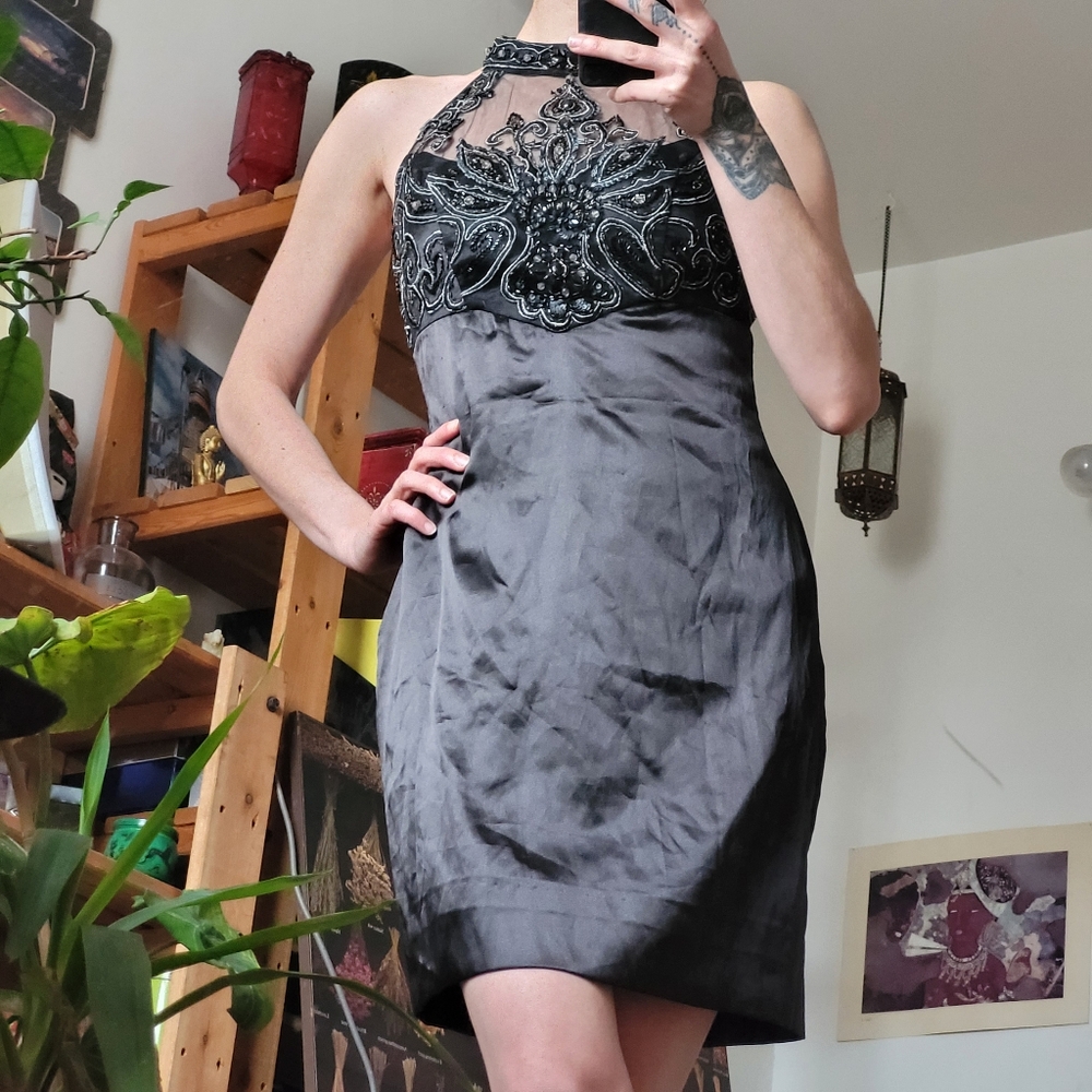 Sue Wong For Nocturne Black Mini Beaded Dress with Embroidered Details - Size 6